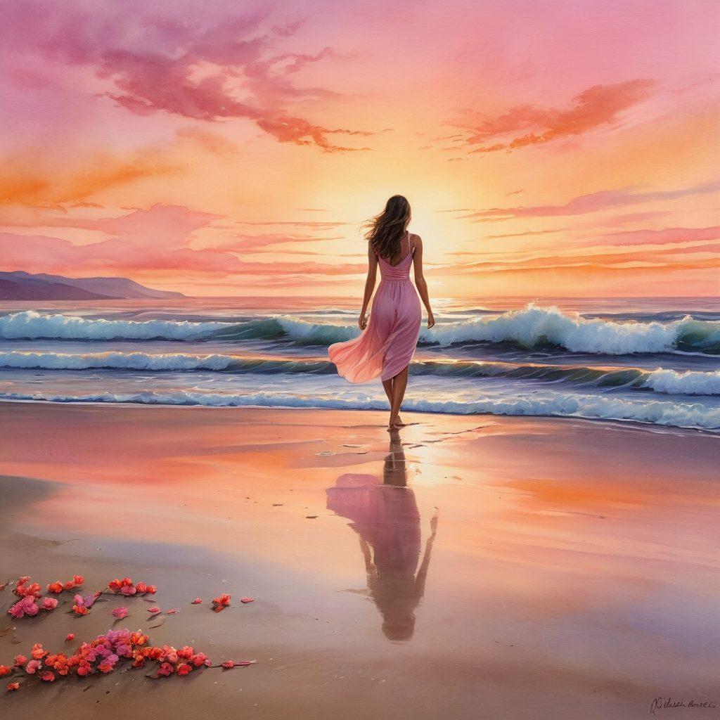 A serene, reflective scene depicting a silhouette of a woman standing gracefully on a beach at sunset, embodying strength and resilience. Soft waves wash over her feet while gentle colors of pink, orange, and gold blend in the sky, symbolizing hope and healing. In the foreground, vibrant flowers bloom representing femininity and sensuality, merging with the sand. Include subtle elements like a delicate ribbon symbolizing awareness for tumor treatments. watercolor art. warm hues. emotional depth.