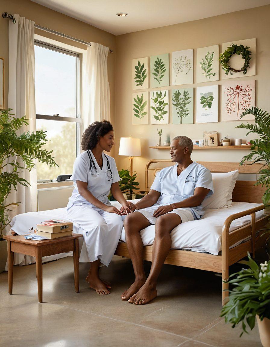 A serene hospital room filled with soft natural light, where a couple is holding hands, surrounded by supportive wellness symbols like plants and wellness books. In the background, gentle artwork depicting love and resilience. The atmosphere is warm and intimate, capturing the essence of romance during challenging times. super-realistic. vibrant colors. calming ambiance.
